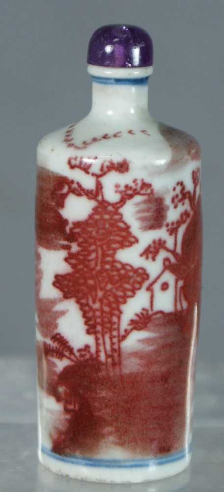 Appraisal: Cylindrical porcelain snuff bottle with plum underglaze decoration fisherman in