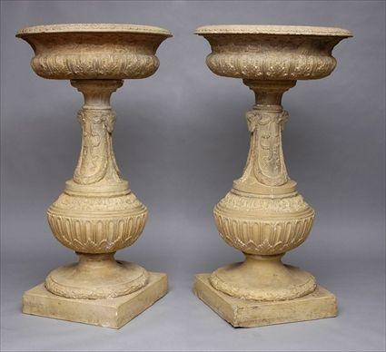 Appraisal: PAIR OF RENAISSANCE-STYLE TERRACOTTA GARDEN URNS ON PEDESTALS BY DOULTON