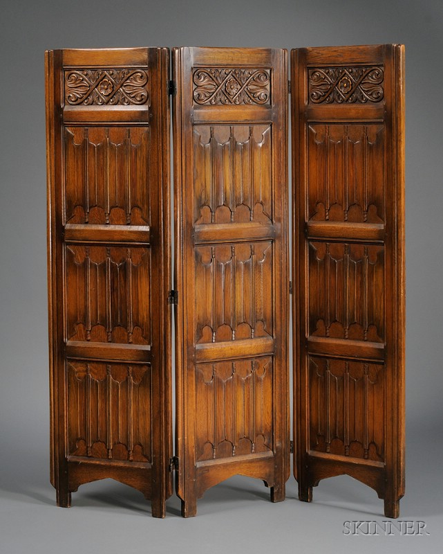 Appraisal: Jacobean-style Carved Oak Three-Panel Floor Screen ht panel wd in