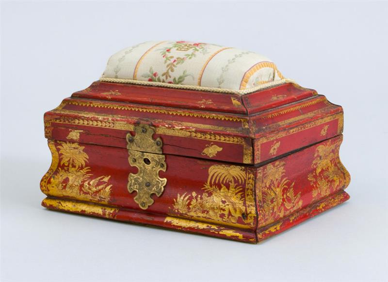 Appraisal: LOUIS XV RED LACQUER BOMB -FORM SEWING BOX x x