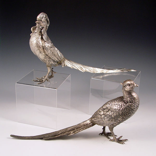 Appraisal: PAIR JB SILVERPLATE PHEASANTS Hen and cock marked JB Measure