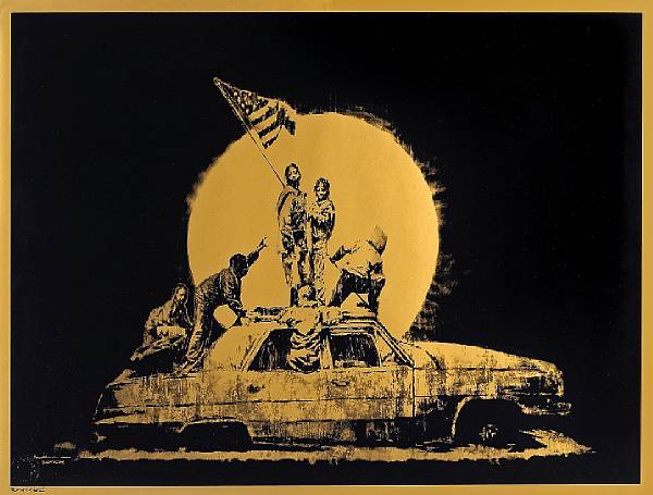 Appraisal: Banksy British born Flag Silkscreen printed on gold foiled paper