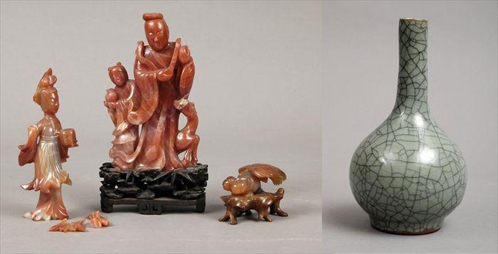 Appraisal: Three Chinese Carved Agate Figures Two figures on stands Together