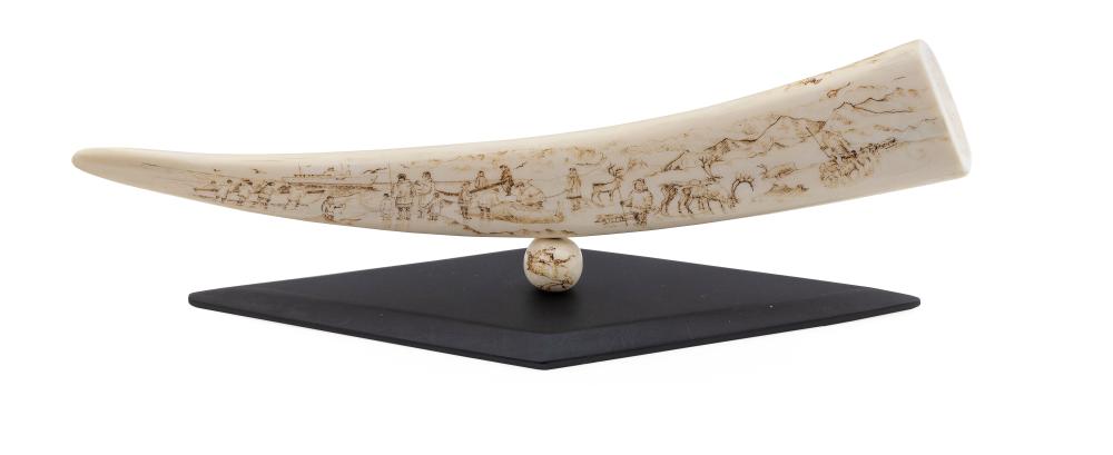 Appraisal: INUIT ENGRAVED SCRIMSHAW WALRUS TUSK ON STAND EARLY TH CENTURY