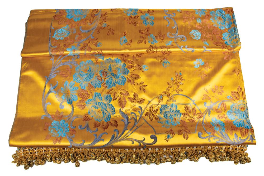 Appraisal: Antique Silk Bedspread gold ground floral designs in blue and