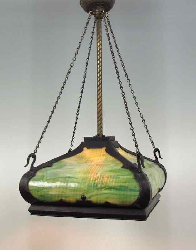 Appraisal: ARTS CRAFTS BENT PANEL CHANDELIER Green slag glass Overall ''