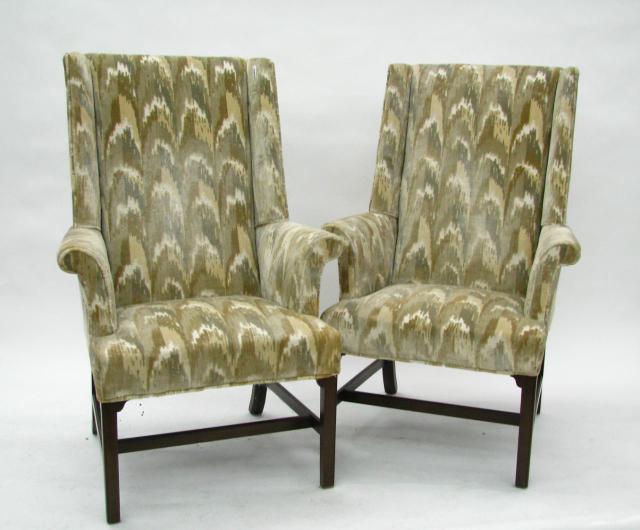 Appraisal: Pair of Vintage Upholstered Arm Chairs Chinese Chippendale style mahogany