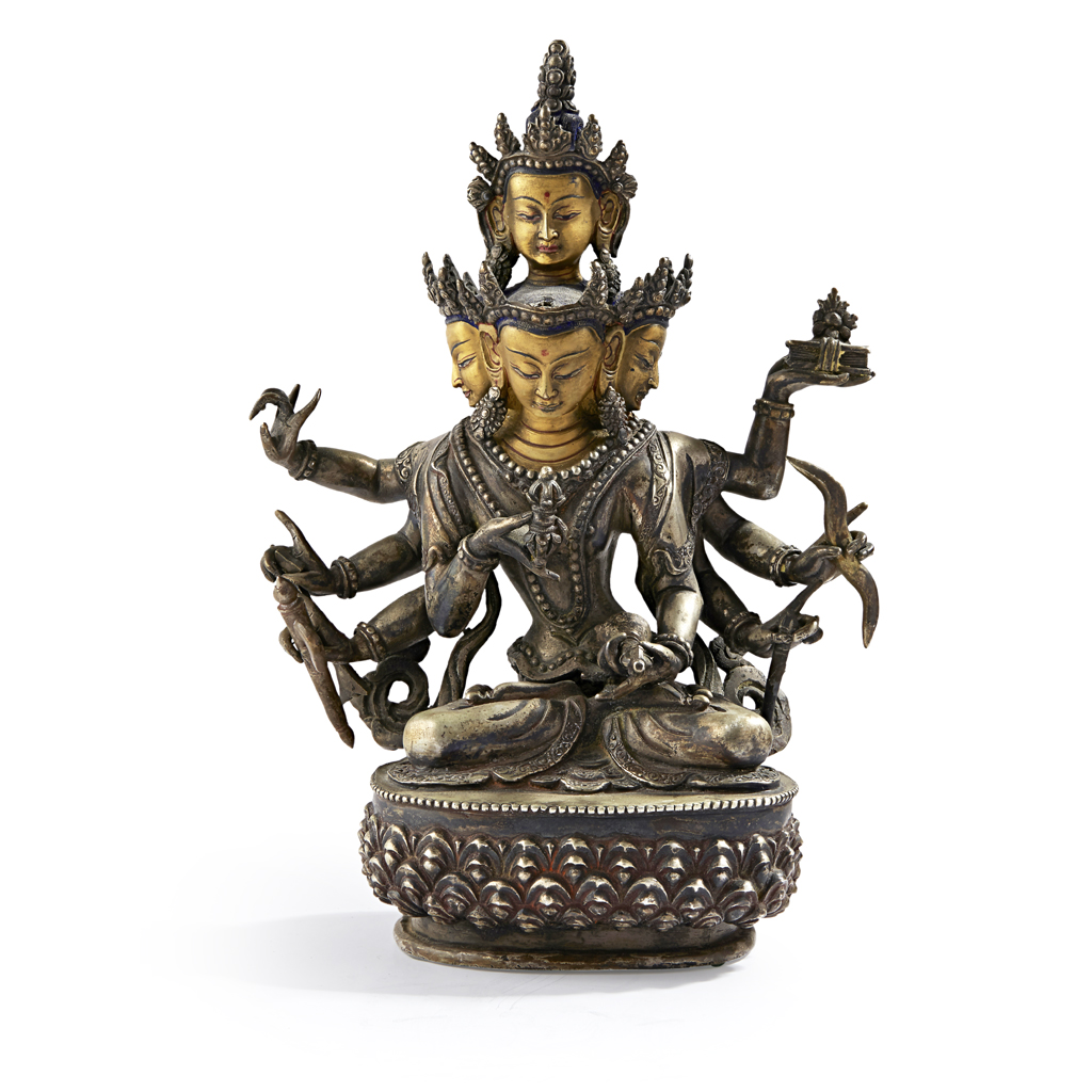 Appraisal: SINO-TIBETAN SILVERED BRONZE FIGURE OF MARICI the four-faced bodhisattva seated