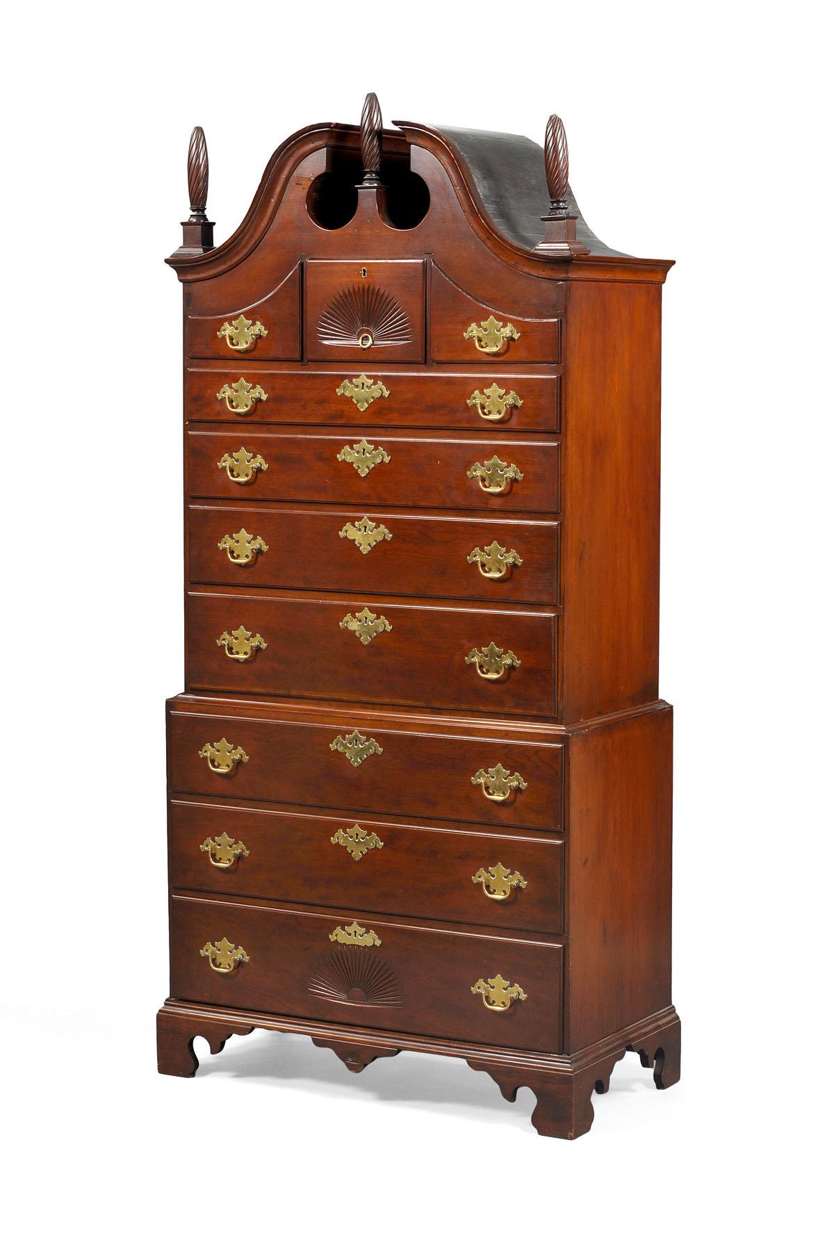 Appraisal: NEW ENGLAND CHIPPENDALE CHERRY BONNET TOP CHEST ON CHEST The