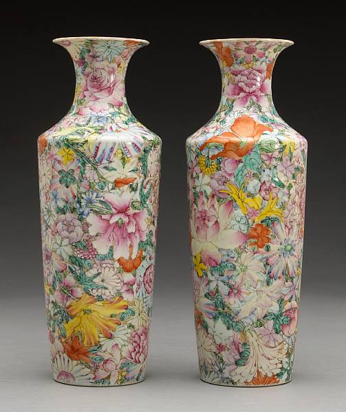 Appraisal: A pair of famille rose enameled porcelain vases Qianlong Mark