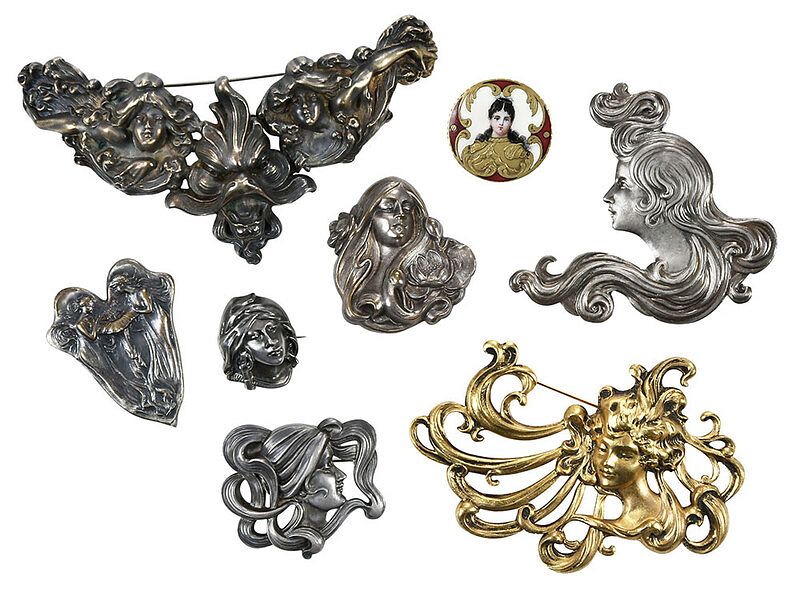 Appraisal: Eight Art Nouveau Style Brooches of Women assorted styles and