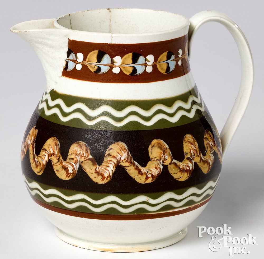 Appraisal: Mocha water pitcher Mocha water pitcher with earthworm and cat's-eye