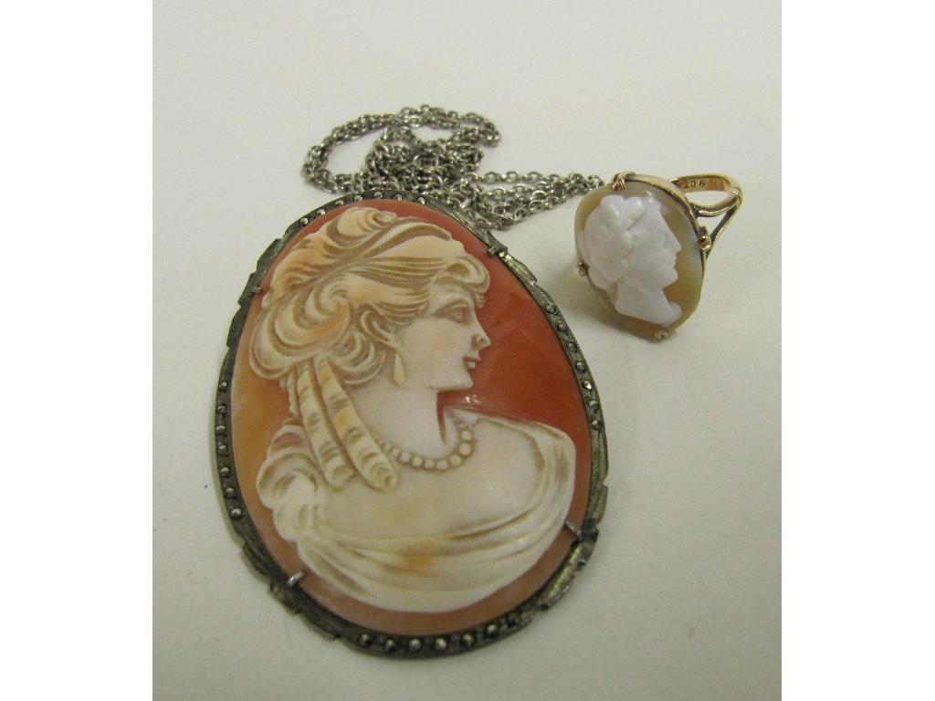 Appraisal: Lot comprising cameo brooch pendant in silver and marcasite mount