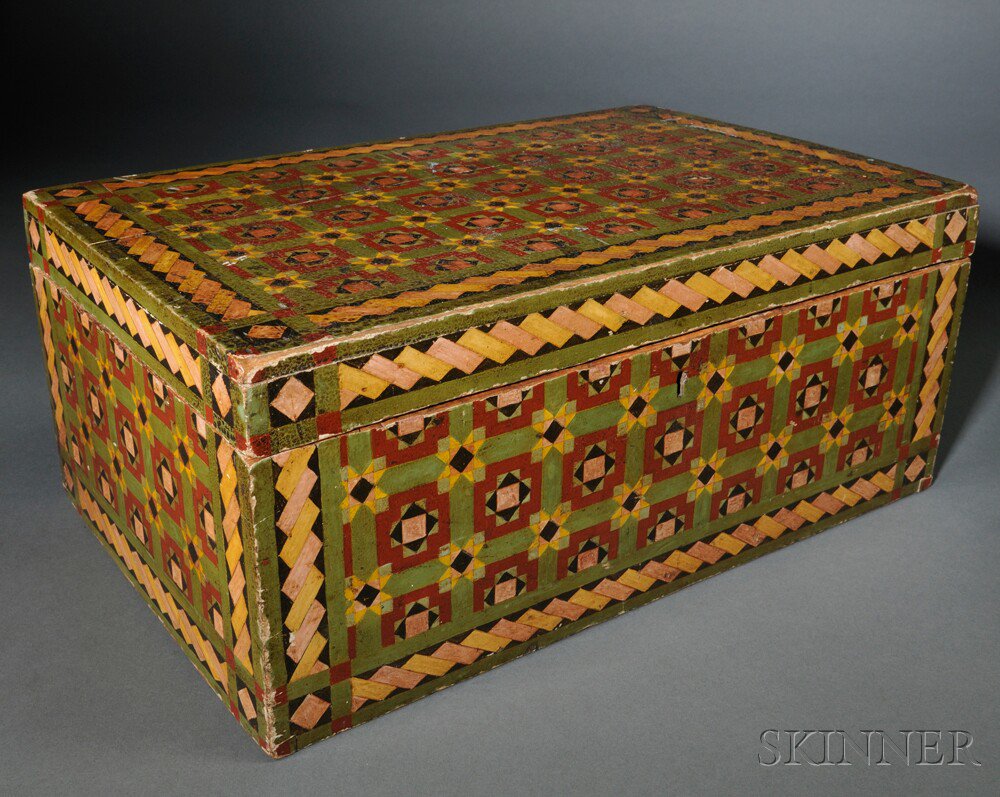 Appraisal: Geometric Paint-decorated Box New England c rectangular pine box with