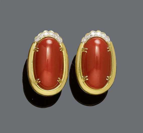 Appraisal: CORAL AND DIAMOND EARCLIPS Yellow gold Elegant earclips each of