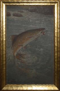 Appraisal: Oil on board speckled trout brook trout taking wet fly