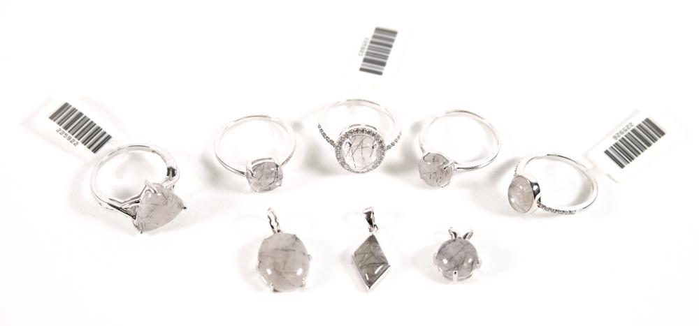 Appraisal: Group of new sterling rutilated quartz pendants and rings comprising