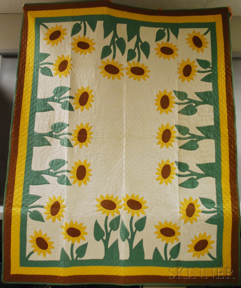 Appraisal: Hand-stitched Applique Cotton Sunflower Quilt x in Provenance Estate of