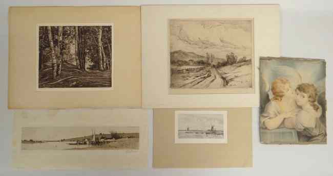 Appraisal: Misc artwork lot including dated watercolor angels etching windmill etching