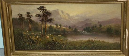 Appraisal: Pair of Scottish highland landscapes with cattle and sheep watering