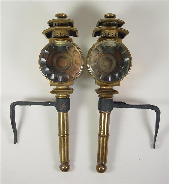 Appraisal: Pair of Brass Carriage Lamps Late th Century Faceted glass