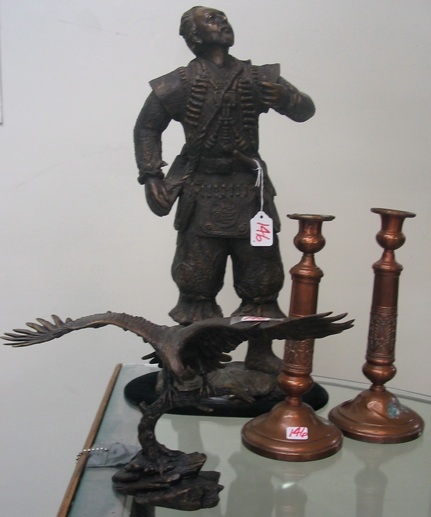 Appraisal: A GROUP OF TWO BRONZE SCULPTURES AND PAIR OF CANDLESTICKS