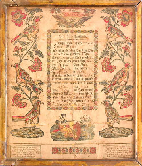 Appraisal: Rare Ohio printed and hand colored fraktur dated probably printed