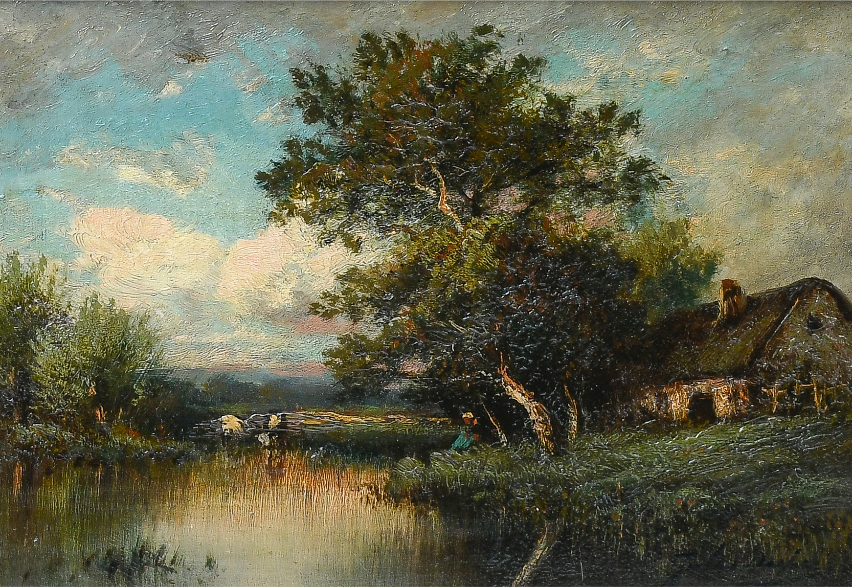 Appraisal: DUPRE Jules French - Rural Scene with Stream Figure Cottage