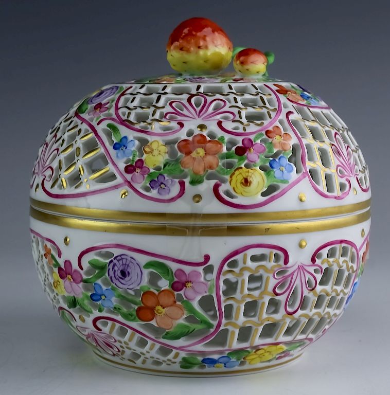 Appraisal: Herend Hungary Reticulated Covered Porcelain Box Herend hungry porcelain lidded