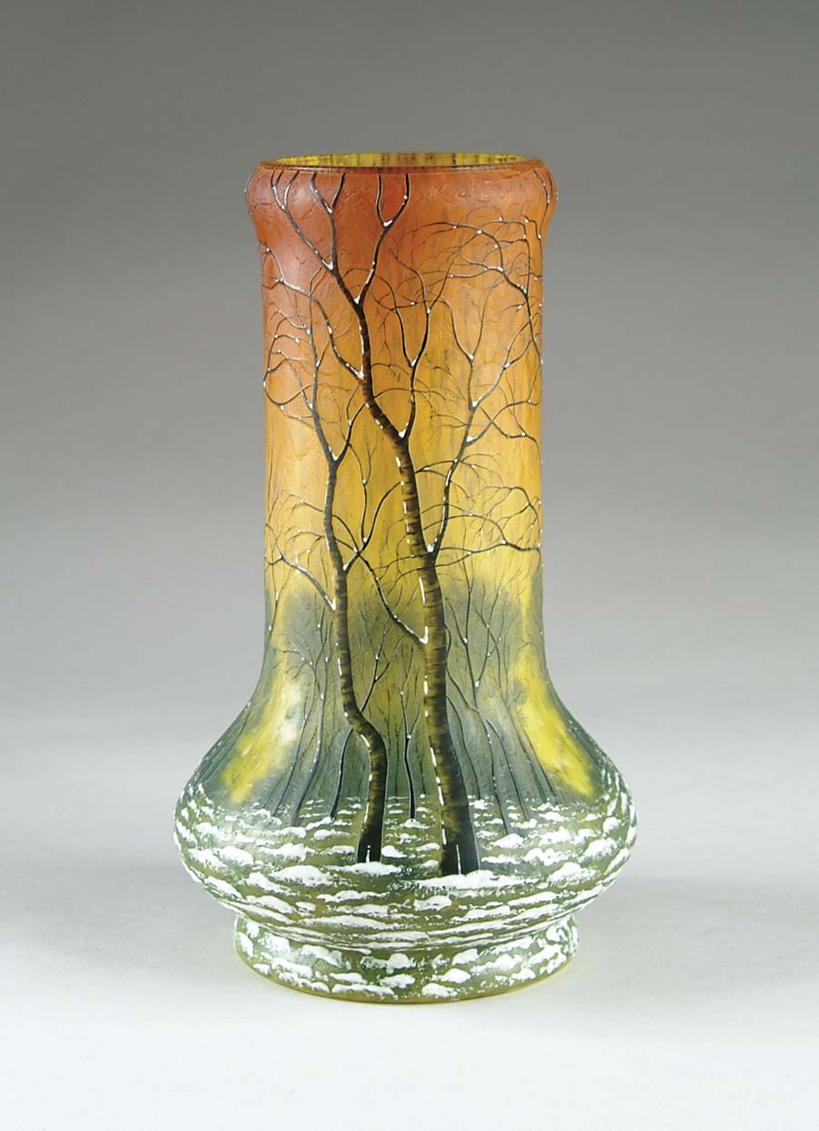 Appraisal: CAMEO VASE Desirable cameo and enameled winter scene depicts barren