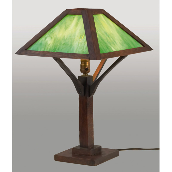 Appraisal: Arts Crafts table lamp pyramidal shade with green slag glass