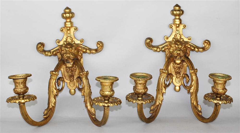 Appraisal: PAIR OF GILT METAL CANDLE SCONCES each with two acanthus-ornamented