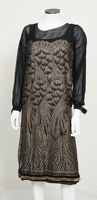 Appraisal: A s chiffon black shift dress with gold thread decoration