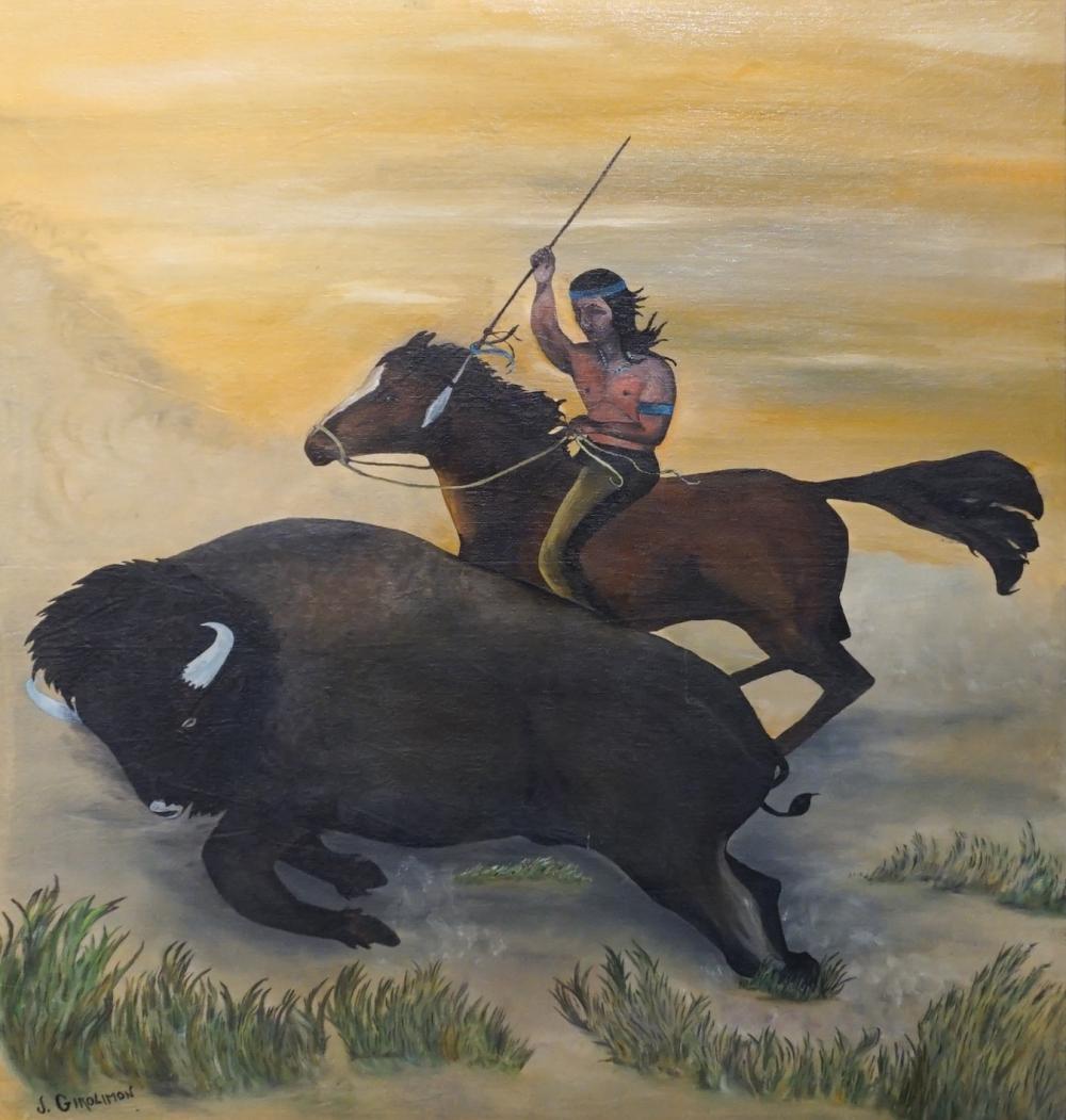 Appraisal: J Girolimon American Indian Buffalo Hunt Oil on Canvas Signed