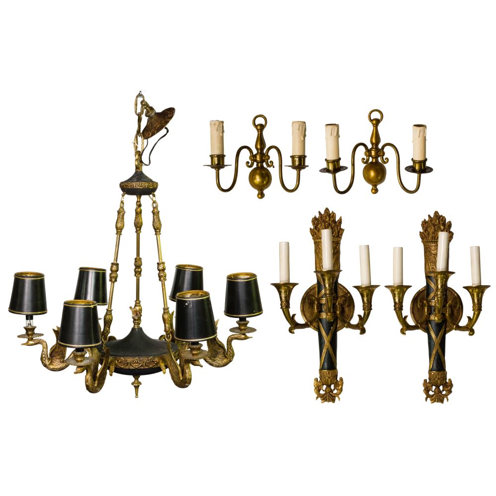 Appraisal: FRENCH EMPIRE STYLE CHANDELIER AND SCONCESBrass -light chandelier having flying