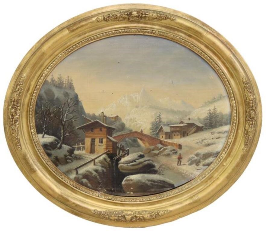 Appraisal: Framed oil on board painting Alpine Landscape signed lower left