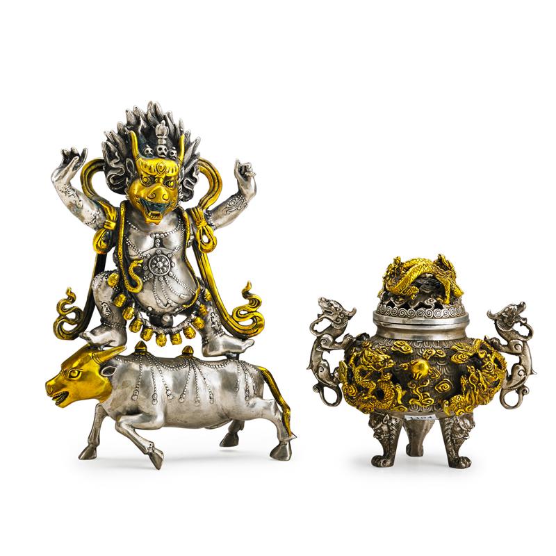 Appraisal: TIBETAN SILVERED BRONZE OBJECTS Two Sino-Tibetian Buddhist Yama Dharmarja atop