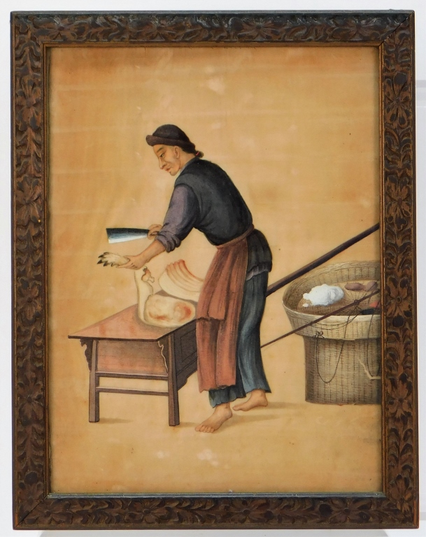 Appraisal: C CHINESE BUTCHER SCENE PITH PAINTING China th CenturyDepicts a