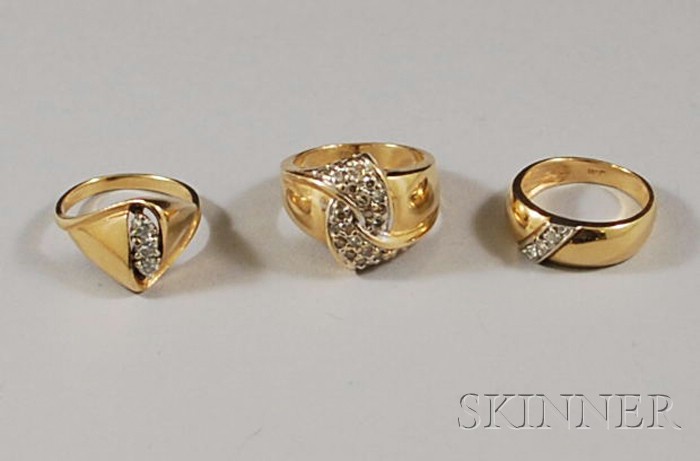 Appraisal: Three Contemporary kt Gold and Diamond Rings total dwt sizes