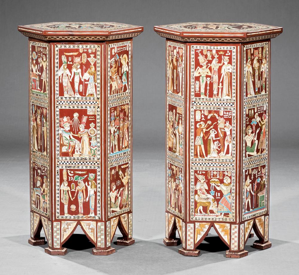 Appraisal: Pair of Egyptianesque Inlaid Hardwood Tabouret Tables hexagonal tops conforming