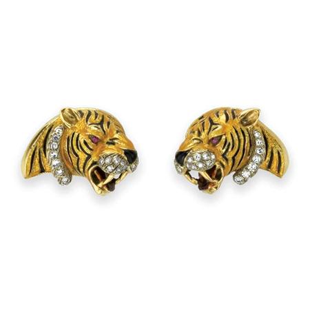 Appraisal: Pair of Gold Enamel and Diamond Tiger Earclips Estimate -