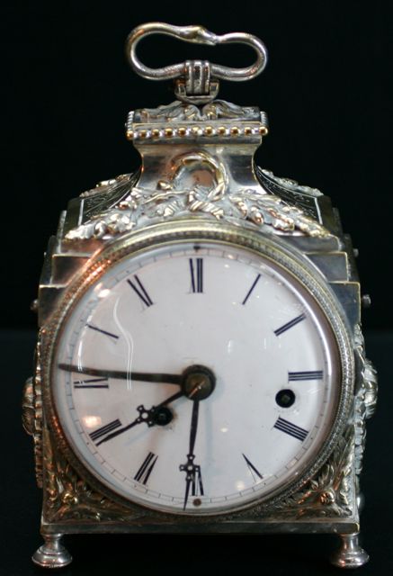 Appraisal: A silver plated mantel clock with repeater mechanism possibly Danish