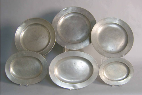 Appraisal: Three English pewter chargers together with three oval platters dia