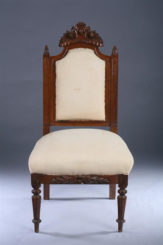 Appraisal: CONTINENTAL CARVED ELMWOOD SIDECHAIR early th century with muslin upholstery