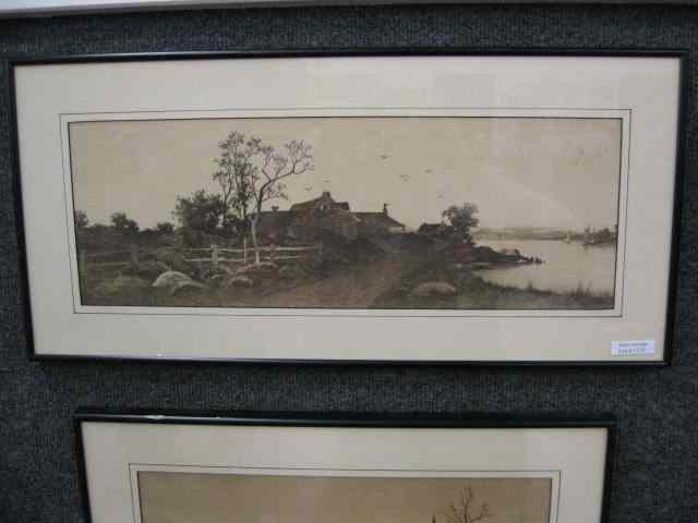 Appraisal: th Century Etching of Farmalong the waterfront '' x ''