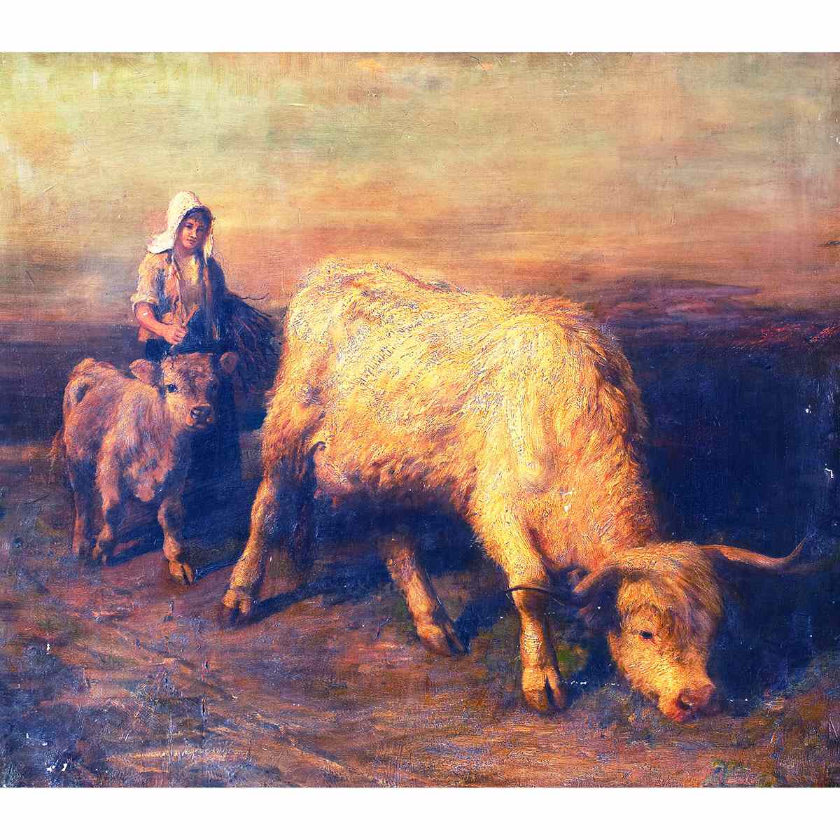 Appraisal: Joseph Denovan Adam - Scottish YOUNG SHEPHERDESS GUIDING A COW