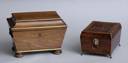 Appraisal: TWO REGENCY MAHOGANY BOXES The larger a sarcophagus tea caddy