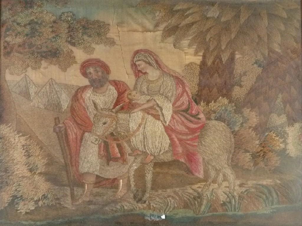 Appraisal: EARLY NINETEENTH CENTURY SILK EMBROIDERED AND PART WATERCOLOUR PICTURE Mary