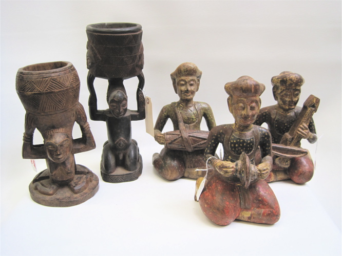 Appraisal: FIVE HAND CARVED WOOD FIGURES two are figural bowls African