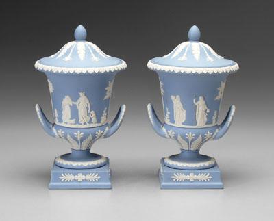 Appraisal: Pair Wedgwood lidded urns classical figures on light blue ground